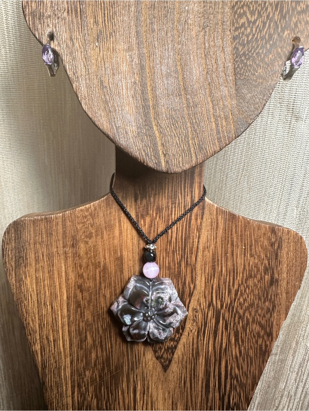 Ocean Jasper Pendant Necklace with Kunzite on Thin Black Adjustable Rope - Picture 7 of 16